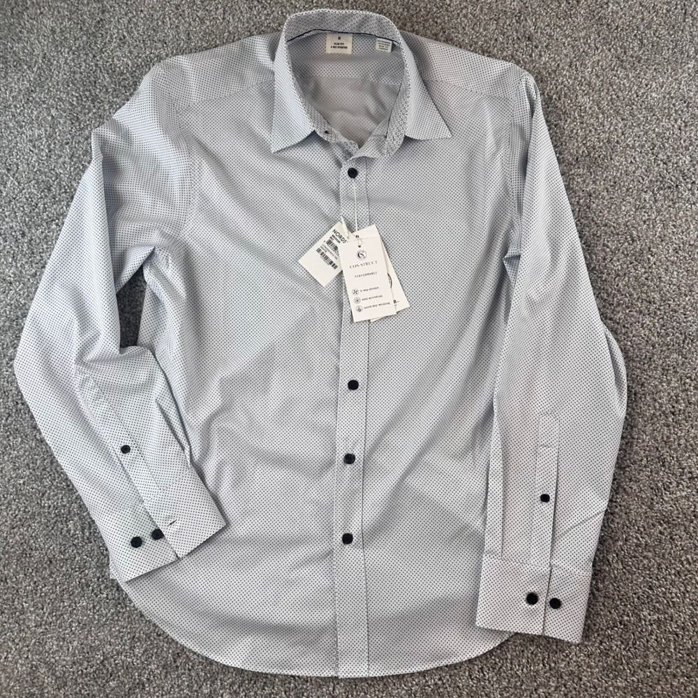 Con.struct Dress Shirt Mens Medium Polka Dot Slim Fit Performance Stretch NEW - Picture 2 of 6